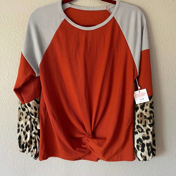 Leopard Color Block Long Balloon Sleeve Waffle Knit Knot Front Women's Top S - Picture 5 of 9
